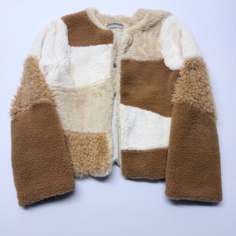 Addie Patchwork Faux Fur Sherpa Cropped Jacket Brown Tan Cream Large
